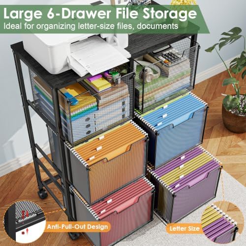 Sbanmao 6 Drawer Lateral File Cabinet with Wheels, Mobile File Cabinet & Printer Stand, Heavy Duty Wood Top for Large Printers, Under Desk Storage Cabinet Fits Letter Size Files for Home Office, Black - Image 6