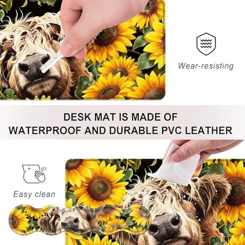 Mouse Pad,Large Desk Mat Set, 4in1 XL Mousepad + Keyboard Wrist Rest+Mouse Wrist Rest+Coaster with Ergonomic Desk Pad for Home Office Table Computer Cover -Highland Cow Sunflower - Image 3