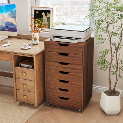 GIANTEX 7-Drawer Storage Cabinet, Mobile File Organizer with 4 Universal Casters, Wooden Vertical Filing Cabinet on Lockable Wheels for Office, Study, Living Room (19” x 15.5” x 34.5”,Walnut) - Image 2