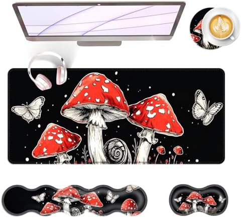 Large Keyboard Mouse Pad Set, Extended Mouse Pad+Keyboard Wrist Rest Support, Memory Foam Ergonomic Easy Typing, 4Pcs (31.5×11.8 in) Desk Pad Set for Office Home,Mushrooms and Butterflies by Unknown