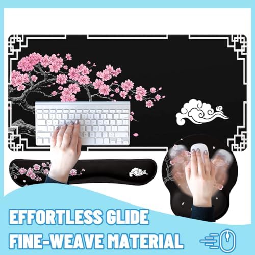 Cherry Blossom Desk Mat Set Oriental Black Zen Art Mouse Pad with Wrist Rest 4in1 Desk Mat for Desktop Ergonomic Computer Desk Arm Wrist Anti-Slip Computer Ergonomic Mouse Pad Home Office Gaming - Image 4