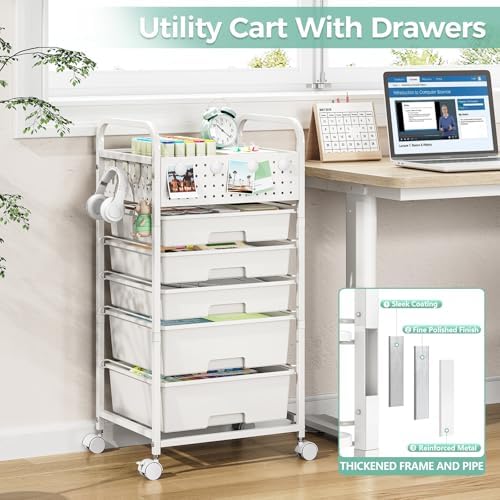 5 Drawer Rolling Storage Cart with Pegboard Top and Hooks, White - Image 6