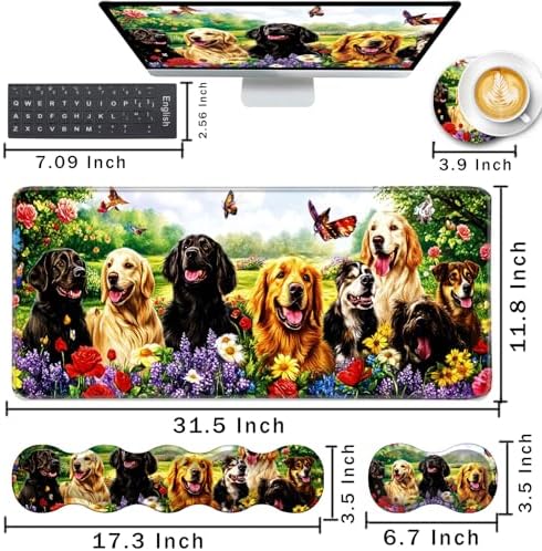 Keyboard Wrist Rest and Mouse Pad with Wrist Support Set Ergonomic Coaster,Memory Foam,Easy Typing Pain Relief,Large XL Desk Mat 31.5"x 11.8",Dog with Butterflies and Flowers - Image 2