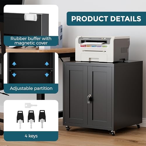 Large Printer Stand with Storage and Lock, 3D Heavy-Duty Printer Cabinet, Printer Table for Home Office with Doors and Adjustable Shelves, for Office Copier and Fax Machine, Black - Image 5