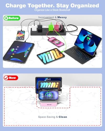 MSTJRY Charging Station for Multiple Devices : 5 Port Multi USB-A Charger Stations Multi-Device Organizer Charging Dock Designed for iPhone iPad Cell Phone Tablets (7 Short Cables Included), Pink - Image 3