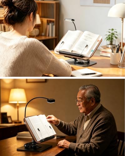 Book Stand with Reading Light, 360° Rotating Book Holder for Desk, Foldable Cookbook Stand with Page Clips, Height & Angle Adjustable Reading Stand for Textbooks, Tablets - Image 2