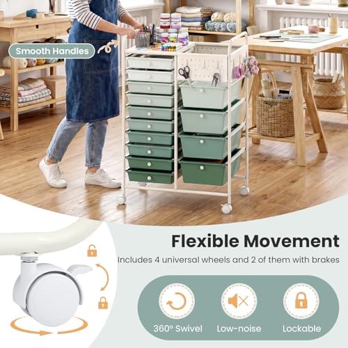 Giantex 14 Drawer Storage Cart, Rolling Craft Cart with Metal Tabletop & Pegboard, Mobile Utility Organizer Trolley with Locking Wheels, Home Office, Green Gradient - Image 7