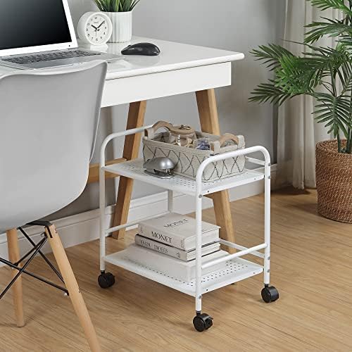 SunnyPoint 2-Tier Metal Rolling Utility Cart – Mobile Storage Shelf with Caster Wheels – Small Space Organizer for Home, Office, Bedroom, Kitchen (WHT) - Image 3