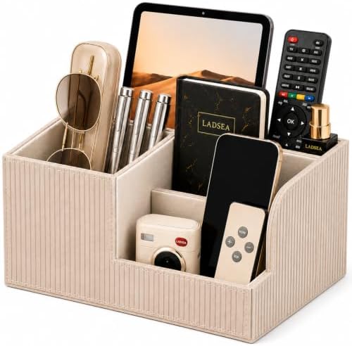 Pen Holder for Desk, 4-Compartment PU Leather Desk Organizer, Beige by LADSEA