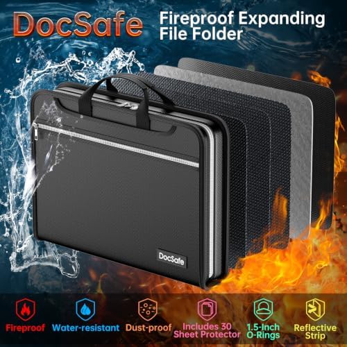 DocSafe File Organizer Zipper Binder with 30 Sheet Protector,Fireproof Accordion 12-Tab Expanding File Folder with Multiple Pockets,Home School Office Safe Storage for Documents,1.5-Inch O-Ring,Black - Image 3