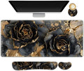 Desk Mat Pad, Gaming Mouse Pad Wrist Support Set, 4 in1 Non-Slip XXL Large Mousepad + Ergonomic Keyboard Wrist Rest+Mouse Wrist Rest+Coaster for Home Office PC Computer I Black Gold Floral by NXZGO