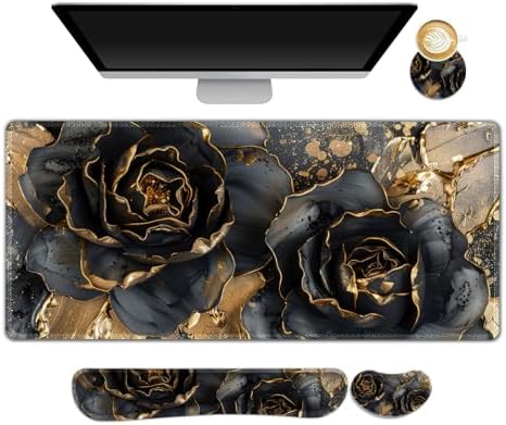 Desk Mat Pad, Gaming Mouse Pad Wrist Support Set, 4 in1 Non-Slip XXL Large Mousepad + Ergonomic Keyboard Wrist Rest+Mouse Wrist Rest+Coaster for Home Office PC Computer I Black Gold Floral by NXZGO