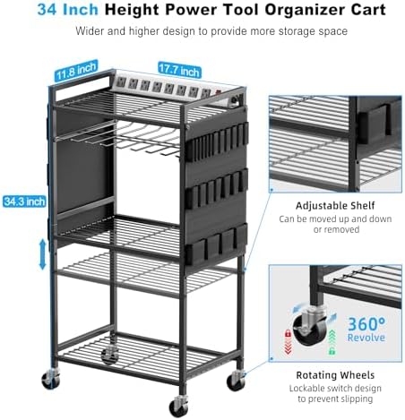 JUNNUJ Power Tool Organizer Cart with Charging Station, 6 FT Cord, Black - Image 5