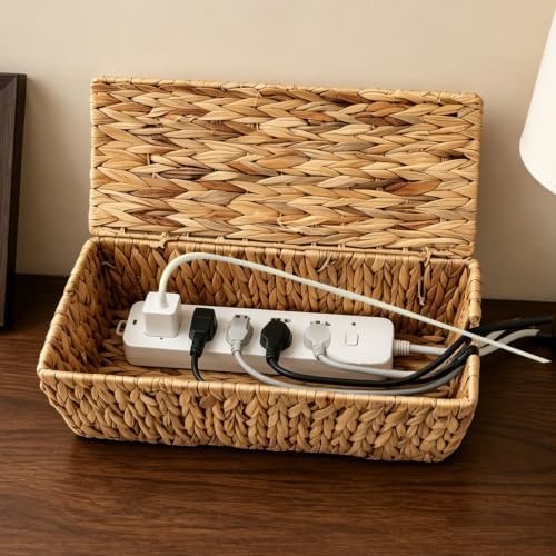 Cable Management Box, Large Cord Organizer Box for Power Strip | Handwoven Water Hyacinth Storage Basket with Metal Frame, Decorative Cable Organizer for Desk, Office, Living Room & Bedroom - Image 3