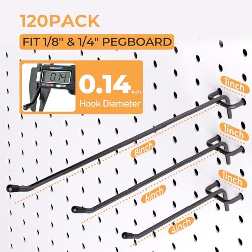 INCLY 120 Pack Pegboard Hooks, 4/6/8 Inch Peg Board Hooks Accessories - Image 2