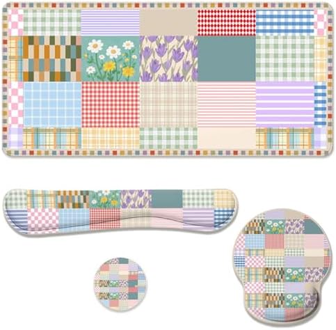 Girlcore Patchwork Desk Mat Set Pink Pastel Plaid Floral Large Mouse Pad with Wrist Rest 4in1 Desk Mat for Desktop Ergonomic Computer Desk Arm Wrist Anti-Slip Computer Mouse Pad Home Office Gaming by Unknown