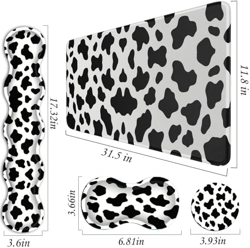 Mouse Pad Set,(31.5×11.8 in) Desk Pad + Keyboard Wrist Rest Support + Mouse Wrist Rest + Coaster for Office,Home,Computer,Laptop - 4 Cute Cow Pattern - Image 3