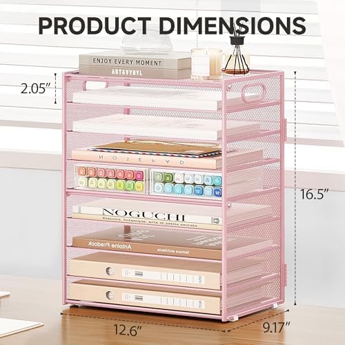 Subekyu 9 Tier Paper Letter File Tray Organizer for Desk, Pink Large Mesh Desk Folder Sorter Organizer with Handle, Include 6 Pcs Adjustable Height Slid Tray for Office Home School Supplies Storage - Image 3