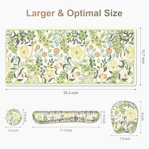 4 in 1 Large Mouse Pad, Keyboard Wrist Rest Set, Ergonomic Mouse Pad with Wrist Support, Desk Mat with Stitched Edges Extended Desk Pad Waterproof Desk Mat for Home Office Game I Green Flower Plants - Image 6
