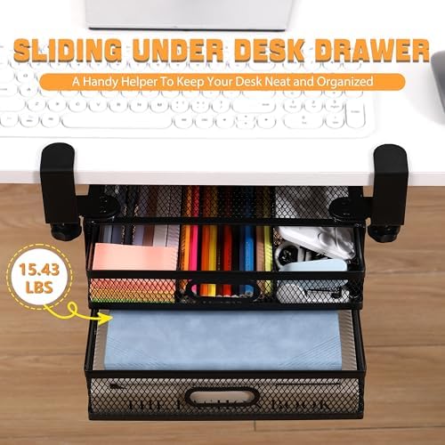 Sliding Under Desk Drawer Organizer No Drilling 2 Drawers Slide Out Desktop Or Under Table Storage Metal Clamp On Desk Drawer Attachment Anti-Slip Small Under Desk Organizer for Home & Office - Image 3