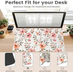 Pink Botanical Office Desk Mat 31.5" x 15.7" Desktop Mat PU Leather Large Mouse Pad White Mousepad Non-Slip Table Mat for Girls, Women, Home, Work, Computer, and Gaming - Image 3