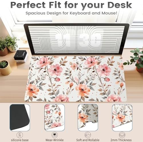 Pink Botanical Office Desk Mat 31.5" x 15.7" Desktop Mat PU Leather Large Mouse Pad White Mousepad Non-Slip Table Mat for Girls, Women, Home, Work, Computer, and Gaming - Image 3