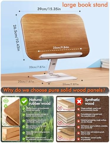 Book Stand for Reading, Adjustable Book Holder for Reading Hands Free, 360° Rotating Reading Stand, Large Rubberwood Cookbook & Bible Stand, Textbook Stand for Desk, Foldable Book Stand - Image 6