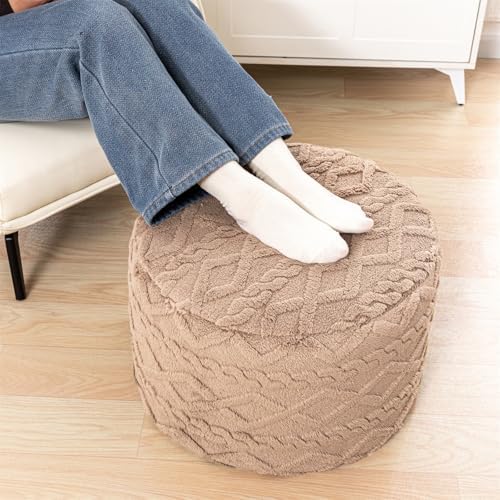 Round Ottoman Foot Stool for Living Room Pouf Footrest,Light Coffee 20x12In - Image 4