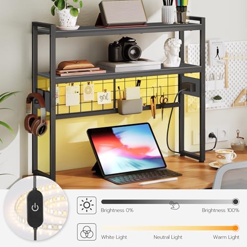 HOOBRO Desktop Bookcase, 2-Tier Office Desktop Organizer, 29.9" Wooden Storage Rack with Outlets, Display Shelf Rack with Light Strip, Desk Hutch for Office, Black BB11UDSJ01 - Image 4