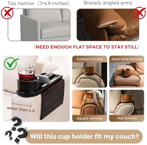 Couch Cup Holder for Armrests Over 4.9" Wide with 360° Phone Stand Walnut - Image 3