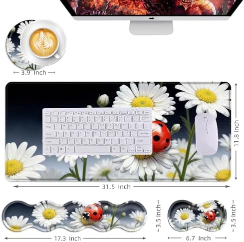 Mouse Pad,Large Desk Mat Set, 4in1 XL Mousepad + Keyboard Wrist Rest+Mouse Wrist Rest+Coaster with Ergonomic Desk Pad for Home Office Table Computer Cover -Ladybug on Daisy Flower - Image 6