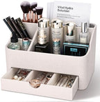 KINGFOM PU Leather Desk Organizer with Drawer, 5 Compartments Desktop Storage Caddy for Office & Home Supplies, Pen Holder for Remote Control, Phone & Accessories, Mail Organizer Countertop(Beige) - Image 2