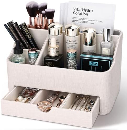 KINGFOM PU Leather Desk Organizer with Drawer, 5 Compartments Desktop Storage Caddy for Office & Home Supplies, Pen Holder for Remote Control, Phone & Accessories, Mail Organizer Countertop(Beige) - Image 2