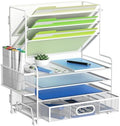 MINDEPOT 4-Tier Paper Organizer + 3-Pocket File Holder + Drawer + Pen Holders, Desktop File Organizers Paper Tray for Office Supplies School Classroom Organization (White, with Drawer & Pen Holder) by MINDEPOT