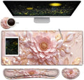 Large Mouse Pad + Keyboard Wrist Rest Set, Extended Gaming Mousepad (31.5X11.8 inch) with Non-Slip Rubber, Ergonomics Memory Foam Mouse Wrist Rest Support, Embossed Pink Flowers XXL Desk Pad by Unknown