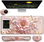Large Mouse Pad + Keyboard Wrist Rest Set, Extended Gaming Mousepad (31.5X11.8 inch) with Non-Slip Rubber, Ergonomics Memory Foam Mouse Wrist Rest Support, Embossed Pink Flowers XXL Desk Pad by Unknown
