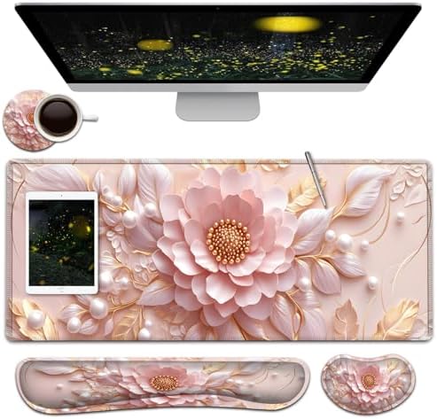 Large Mouse Pad + Keyboard Wrist Rest Set, Extended Gaming Mousepad (31.5X11.8 inch) with Non-Slip Rubber, Ergonomics Memory Foam Mouse Wrist Rest Support, Embossed Pink Flowers XXL Desk Pad by Unknown