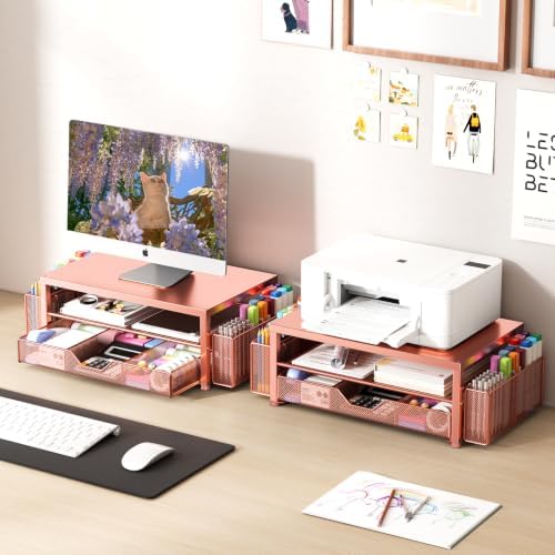 OPNICE Desk Organizers and Accessories, Computer Monitor Stand Riser with Drawer and 2 Pen Holders, Printer & Laptop Stand, Office Desk Accessories & Workspace Organizers for Home Office Supplies, Rose Gold - Image 7