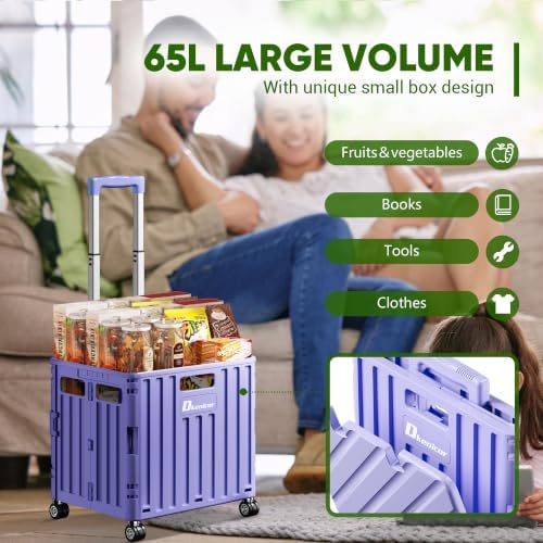 Folding Utility Cart, Portable Rolling Crate Handcart Collapsible Shopping Trolley with Lid, Foldable Tool Box Basket with 4 Rotate Wheels for Grocery, Office, Luggage, School - Purple - Image 2