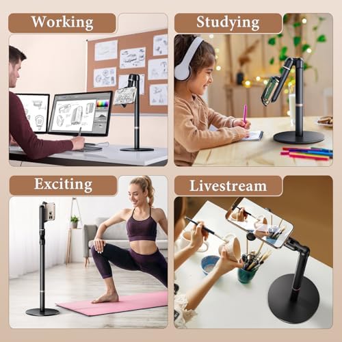 Height/Angle Adjustable Phone Holder, 10"-25" Retractable Tall Phone Stand for Desk,720°Rotatable+180flip Phone Holder Stand for Video Calls Kitchen Table Office Etc -Clip Type - Image 4