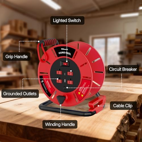 Extension Cord Storage Reel with 4-Grounded Outlet & 2 USB Port, 15A Circuit Breaker, Heavy Duty Open Cord Reel for 12/3,14/3 Gauge Power Cord, Hand Wind Retractable, ETL Listed Red R85CR06 - Image 6