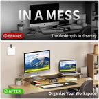 AFOOYO LED Dual Monitor Stand Riser for 2 Monitors,Office Desktop Wooden Stand Adjustable Length and Angle 3 Shelf,Extra Long Multifunctional Stand up to 44.4" for Computer,Laptop,TV,Walnut Finish - Image 4