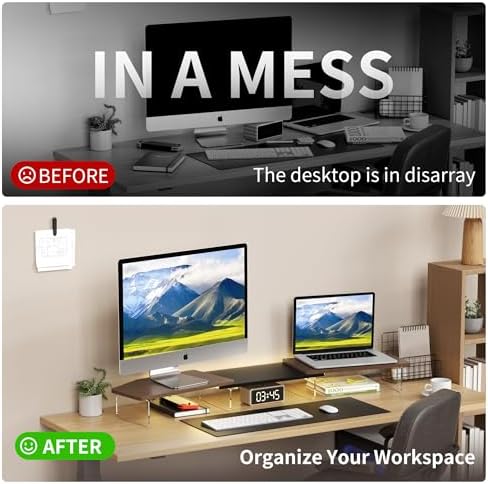 AFOOYO LED Dual Monitor Stand Riser for 2 Monitors,Office Desktop Wooden Stand Adjustable Length and Angle 3 Shelf,Extra Long Multifunctional Stand up to 44.4" for Computer,Laptop,TV,Walnut Finish - Image 4