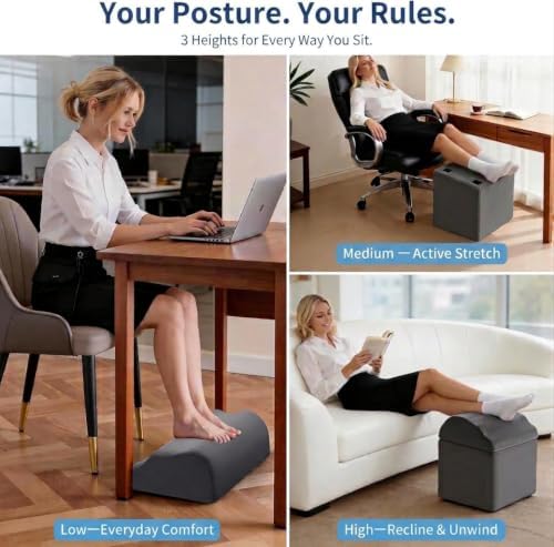 Foot Rest for Under Desk at Work, Ergonomic Footrest Stool, 3 Adjustable Heights Foam Cushion Pillow for Leg & Feet Support, Non-Slip Washable Cover for Office Gaming Chairs, Computer Desk, Home, Car - Image 4