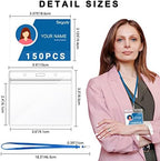Segarty ID Badge Holder with Lanyard, 150 Pack Horizontal Clear Name Tags Badges with Blue Lanyards Bulk, Waterproof Plastic Nametag Card Holders for School Student Teachers, Business Office - Image 2