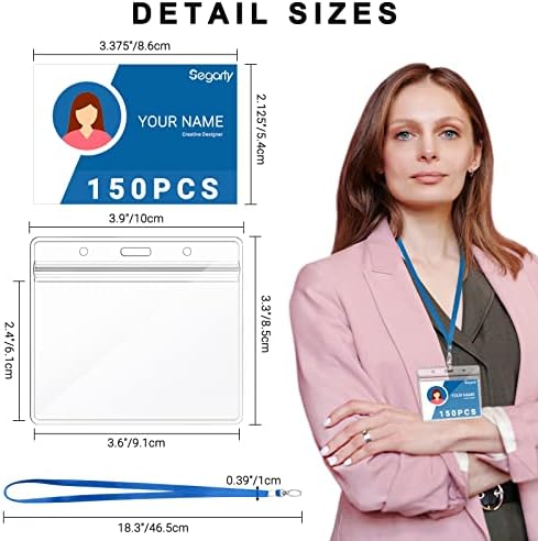 Segarty ID Badge Holder with Lanyard, 150 Pack Horizontal Clear Name Tags Badges with Blue Lanyards Bulk, Waterproof Plastic Nametag Card Holders for School Student Teachers, Business Office - Image 2