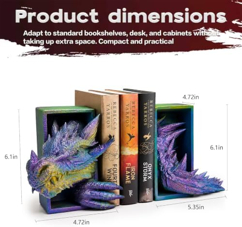 Dragon Bookends Ornaments, Gothic Fantasy Bookends, Book Lovers Unique Resin Shelf Holder Set, Functional Resin Animal Statue Sculpture Book Holder for Home Office Bookshelf（Purple） - Image 2