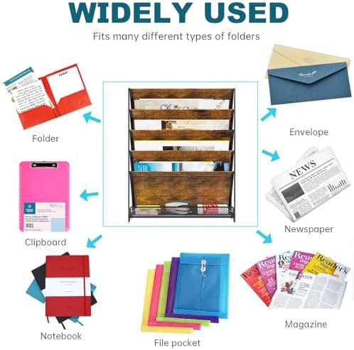 PAG-Mass Wall File Organizer for Office, 6-Tier Rustic Hanging File Holder Wall Storage Rack for Documents/Magazine/Literature/File Folders/Mails/Envelopes, Brown - Image 3
