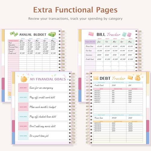 Ospelelf Budget Planner Undated, Money Expense Tracker with Pocket & Stickers, Thick Cardboard Cover, Large Pages for Spacious Writing, Original Fun Colorful Design, 12 Month Financial Notebook Beige - Image 6