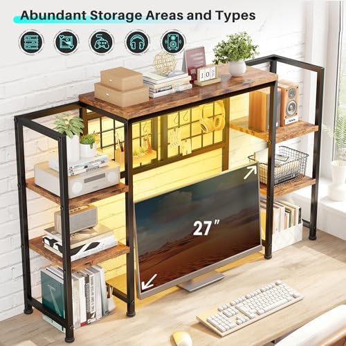 REIBII 5-Tier Desk Shelf with LED for Home Office Dorm, Rustic Brown - Image 4